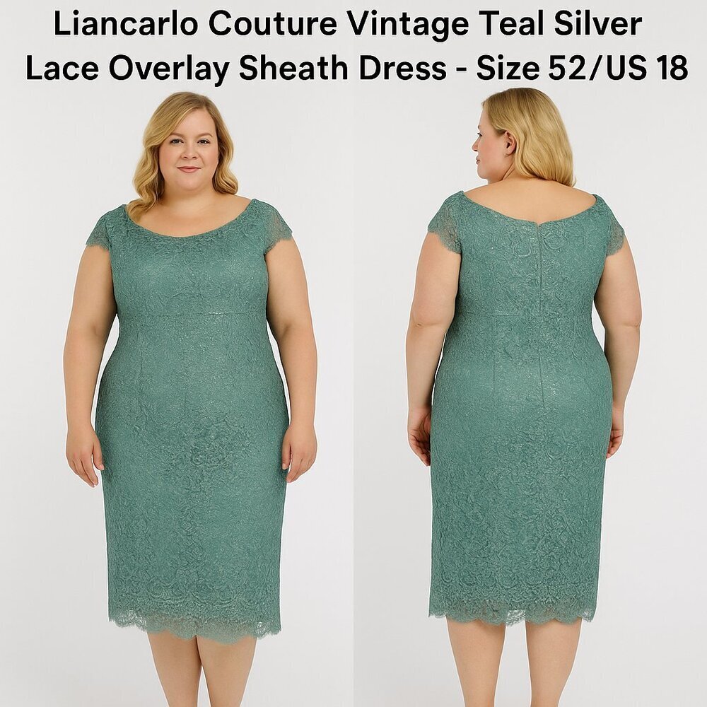 Liancarlo Couture Vintage Teal Silver Lace Overlay Sheath Dress Sz 52 / US 16-18